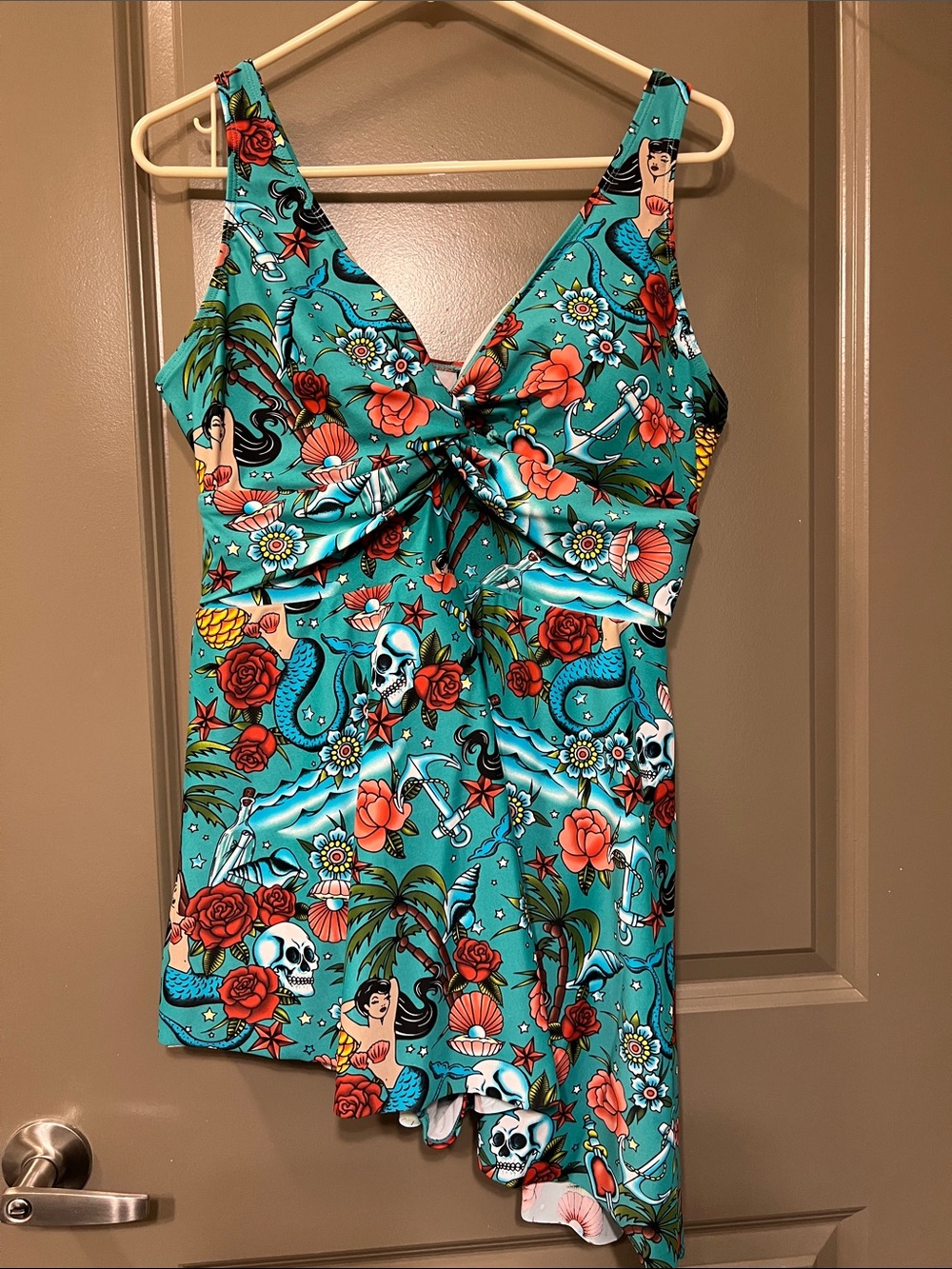 TORRID Size 2 Turquoise Floral Mermaid Print One-Piece Swim Dress GREAT CONDITIO